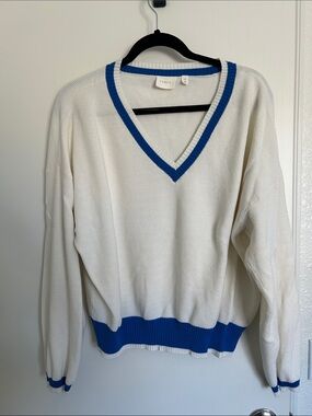 Cyrus White V-Neck Sweater with Blue Trim
